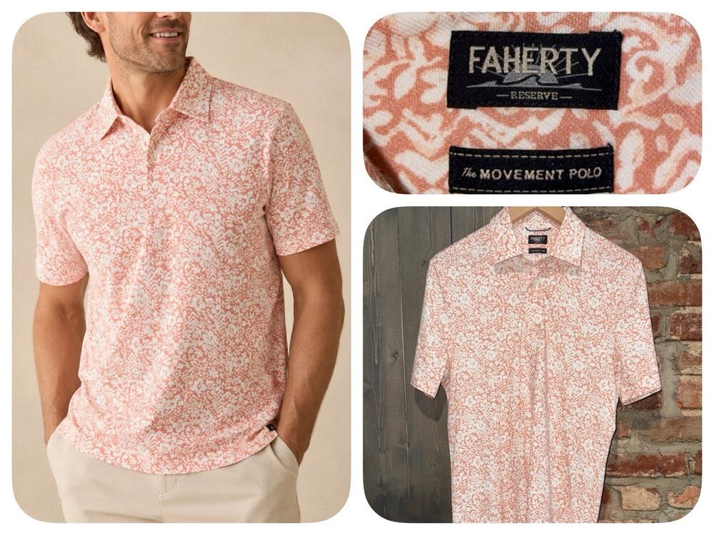 Faherty Reserve Movement Polo Men’s Small Coral White Pima Cotton Stretch- EUC